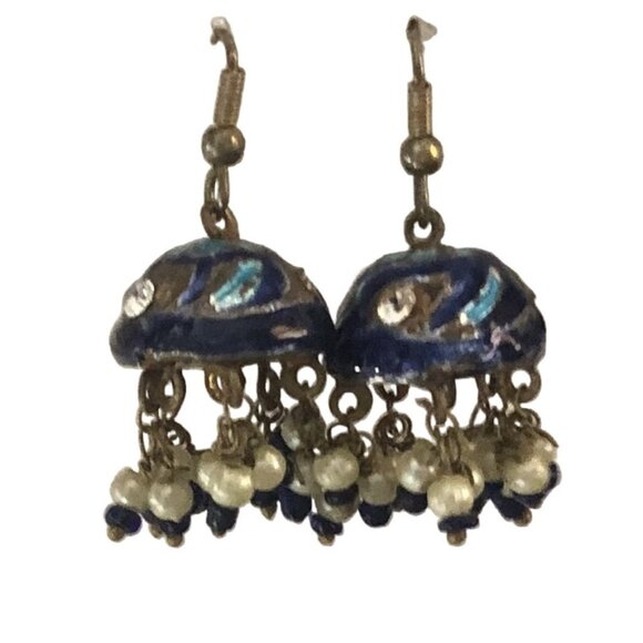 Vintage Jhumka Chandelier Earrings Half Sphere Enamel Beaded Tassels Blue/Gold $ - Picture 4 of 8